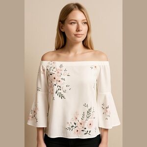 🛍Bundle sale🛍Dynamite White Floral Off-Shoulder Blouse small
